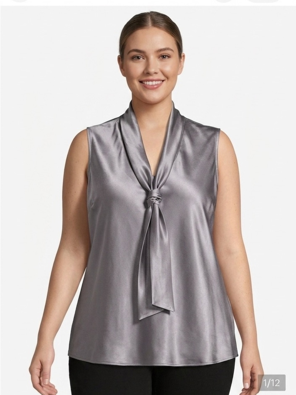 Nine West Satin Sleeveless Tie-Neck Camisole in Shimmering Gray Size L